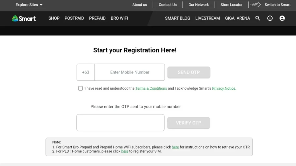 Smart sim registration through Official Smart Website